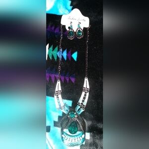 Two Fashion Necklaces & 2 Pair Pierced Earrings Blue/Turquoise W/ Faux Diamonds